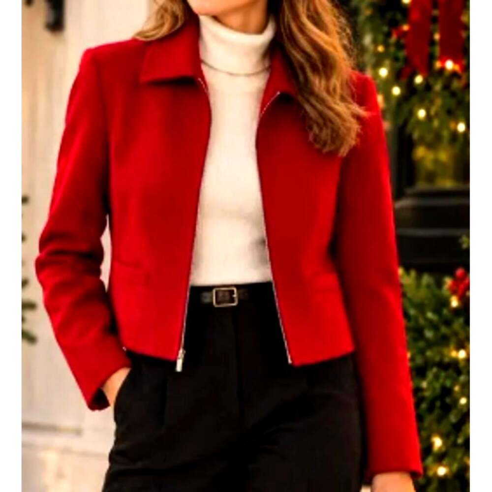 Vintage Sag Harbor 100% Pure Wool Jacket Lined Zip Up Size 14P Red Blazer